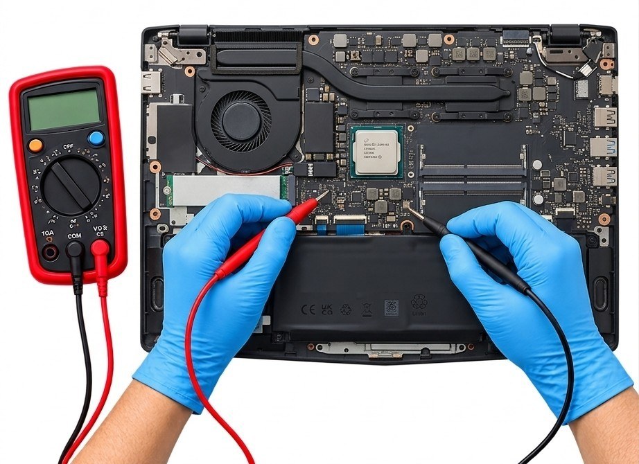 Mains gantées utilisant les sondes d’un multimètre sur la carte mère d’un ordinateur portable