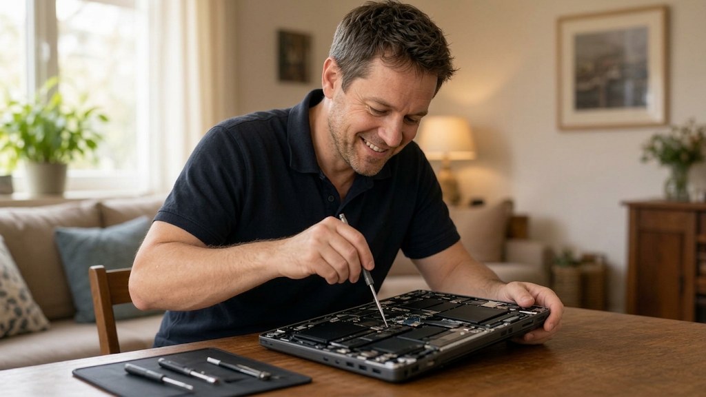 Technicien utilisant un tournevis sur un ordinateur portable ouvert