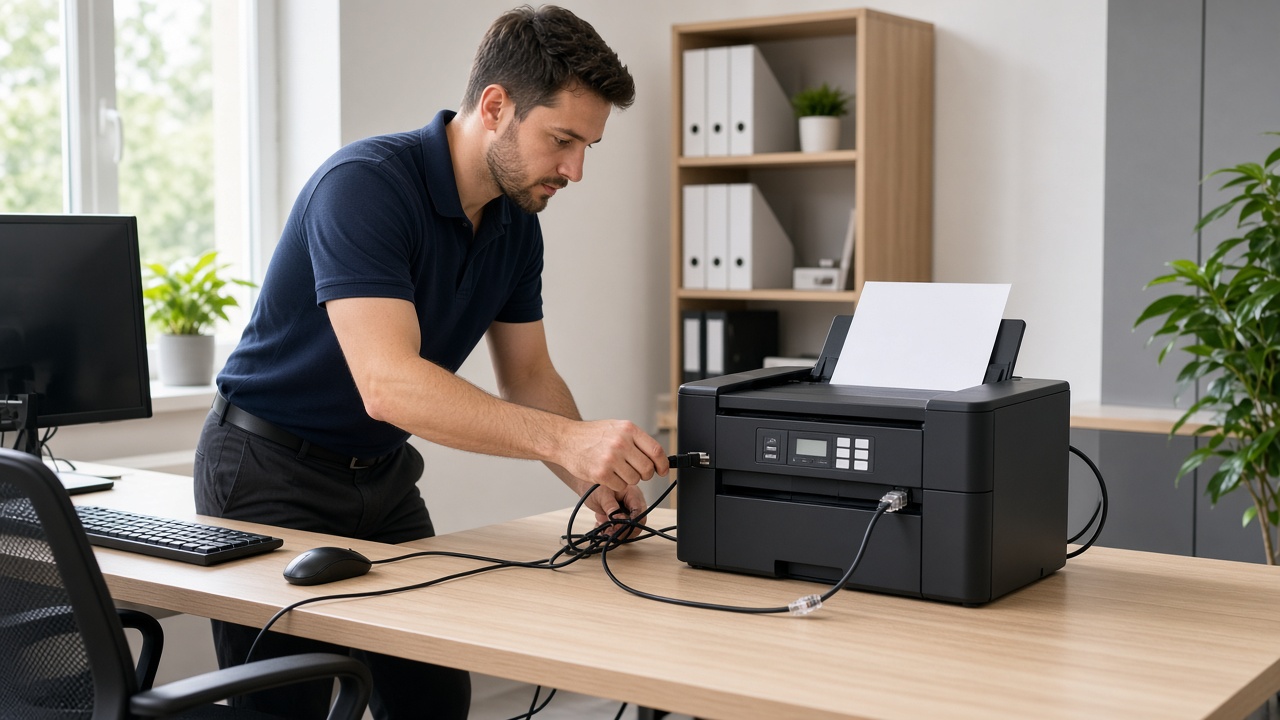 Technicien branchant une imprimante sur un bureau