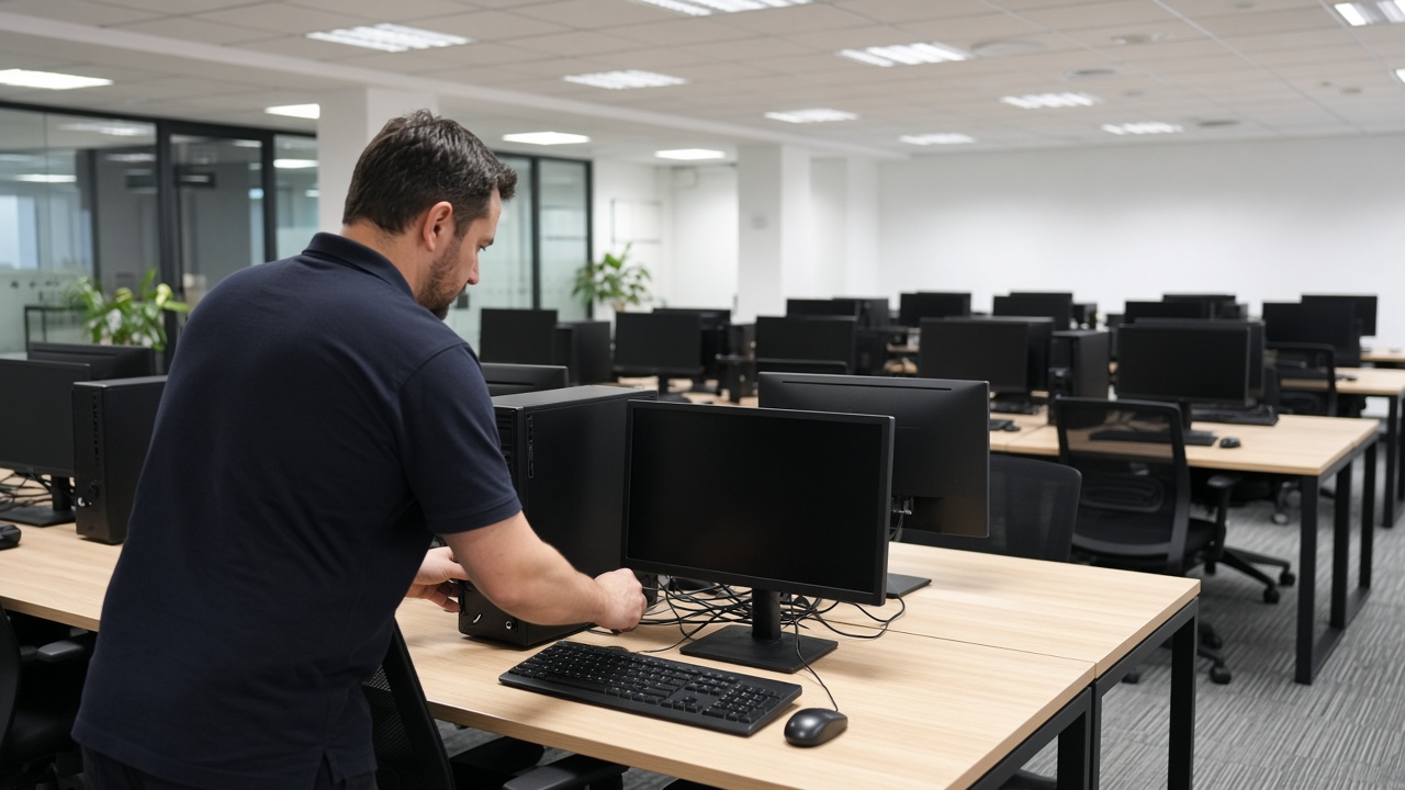 Technicien devant un poste de travail dans un bureau équipé de plusieurs ordinateurs