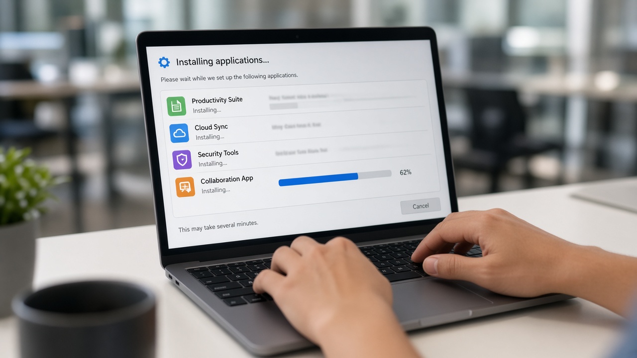 Écran d’ordinateur portable affichant la progression d’installation de plusieurs applications