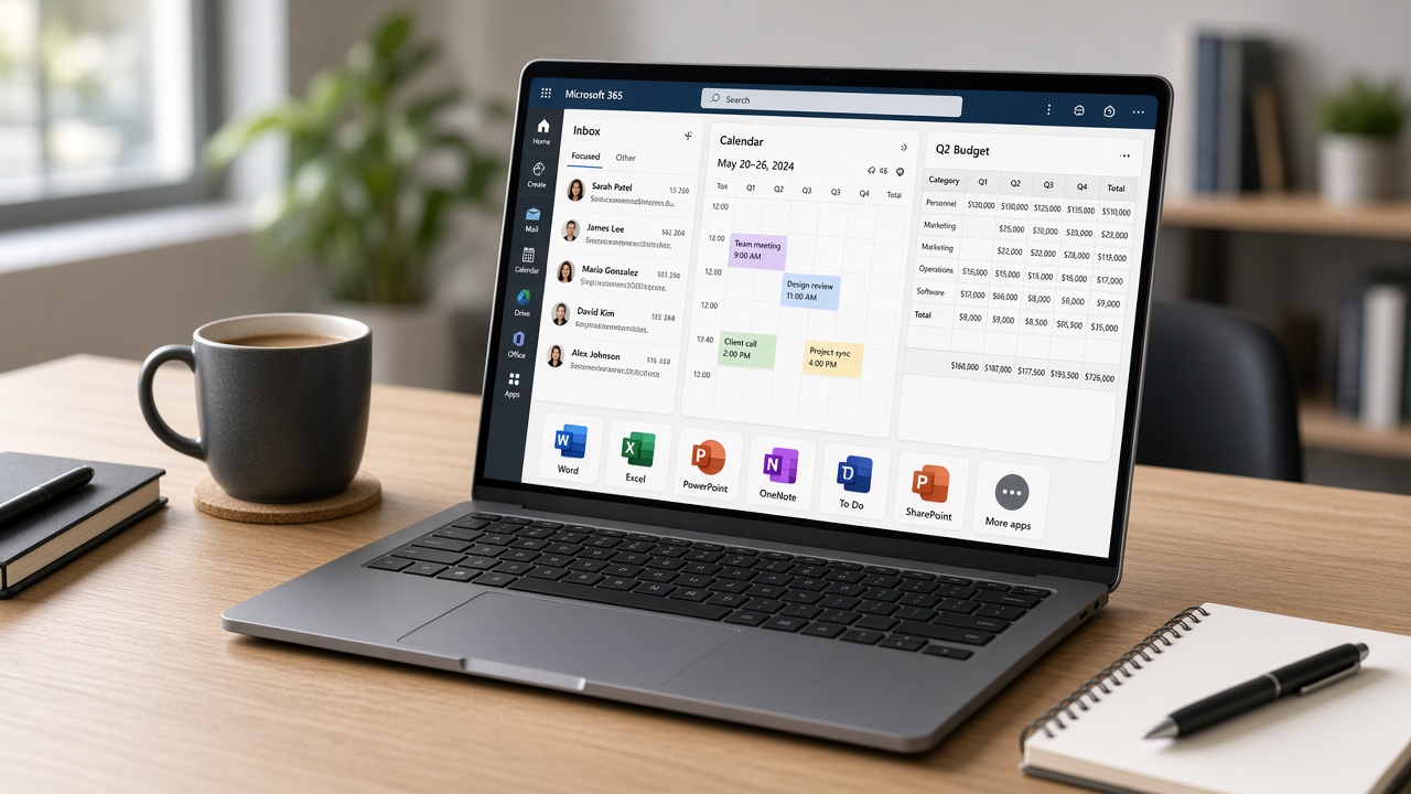 Ordinateur portable affichant une messagerie, un calendrier et des icônes d’applications