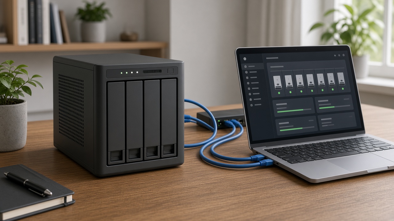 NAS à plusieurs baies connecté à un ordinateur portable sur un bureau