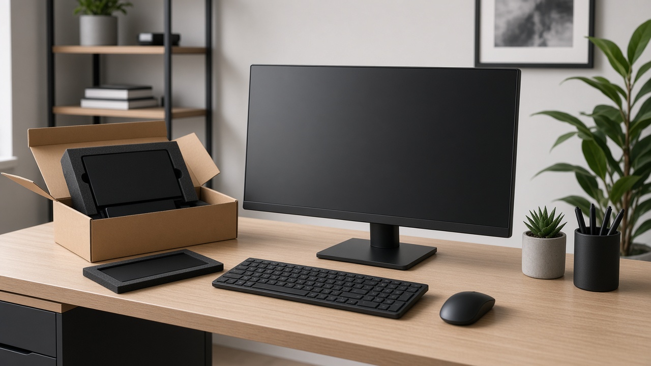 Écran, clavier et souris sur un bureau, avec du matériel encore dans son emballage
