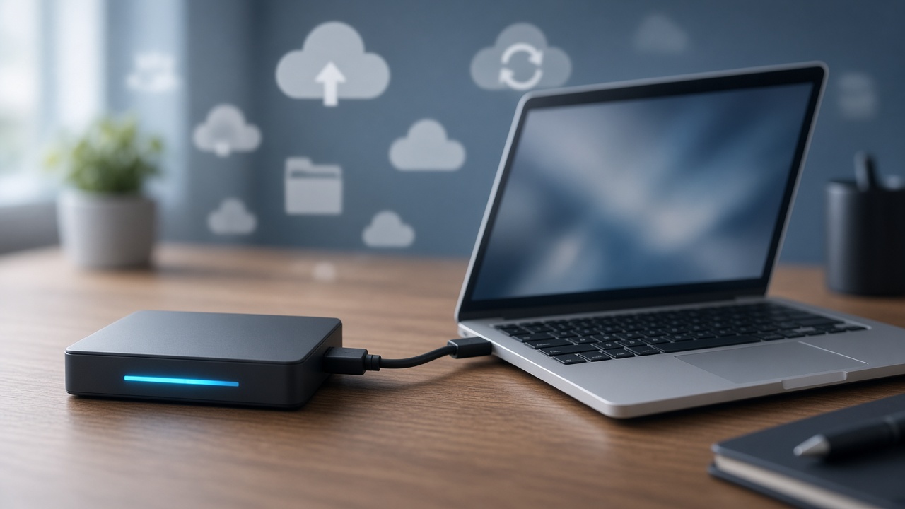 Disque externe relié à un ordinateur portable devant des symboles de stockage dans le cloud