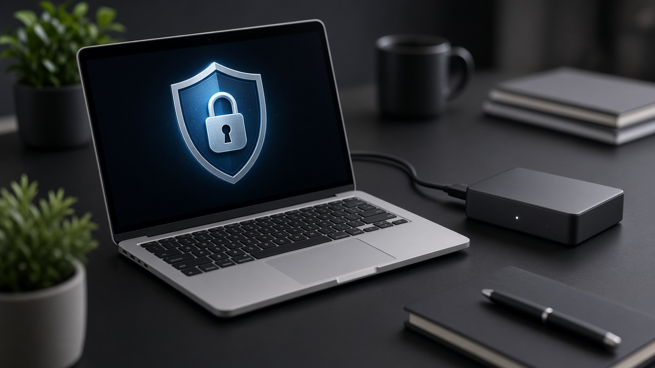 Ordinateur portable affichant un bouclier et un cadenas à côté d’un disque externe