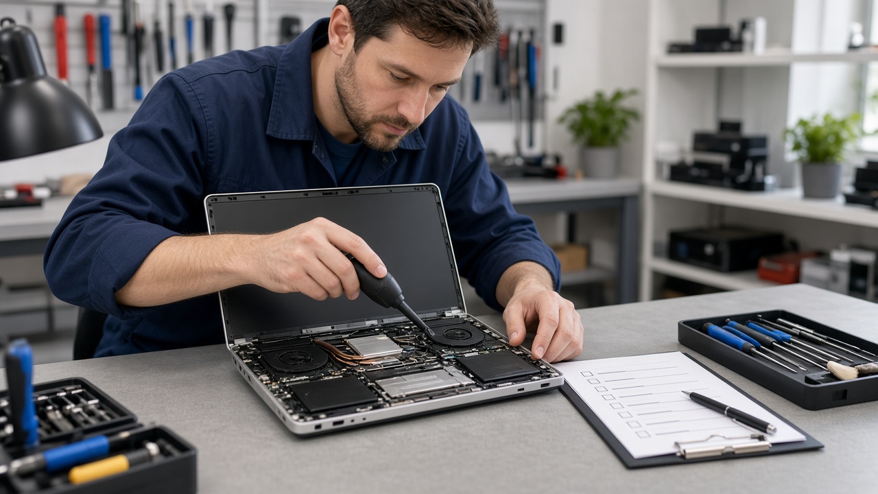 Technicien utilisant un tournevis sur un ordinateur portable ouvert, avec des outils et une fiche de contrôle