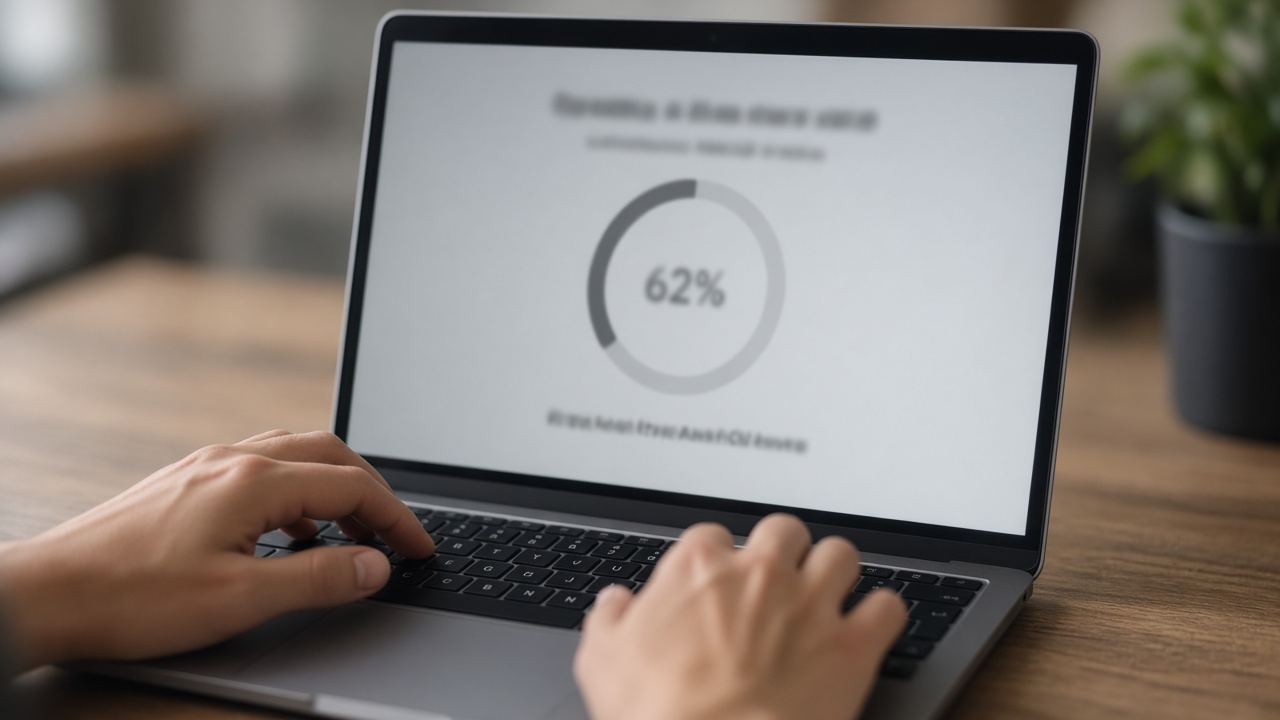 Personne devant un ordinateur portable affichant une progression à 62 %