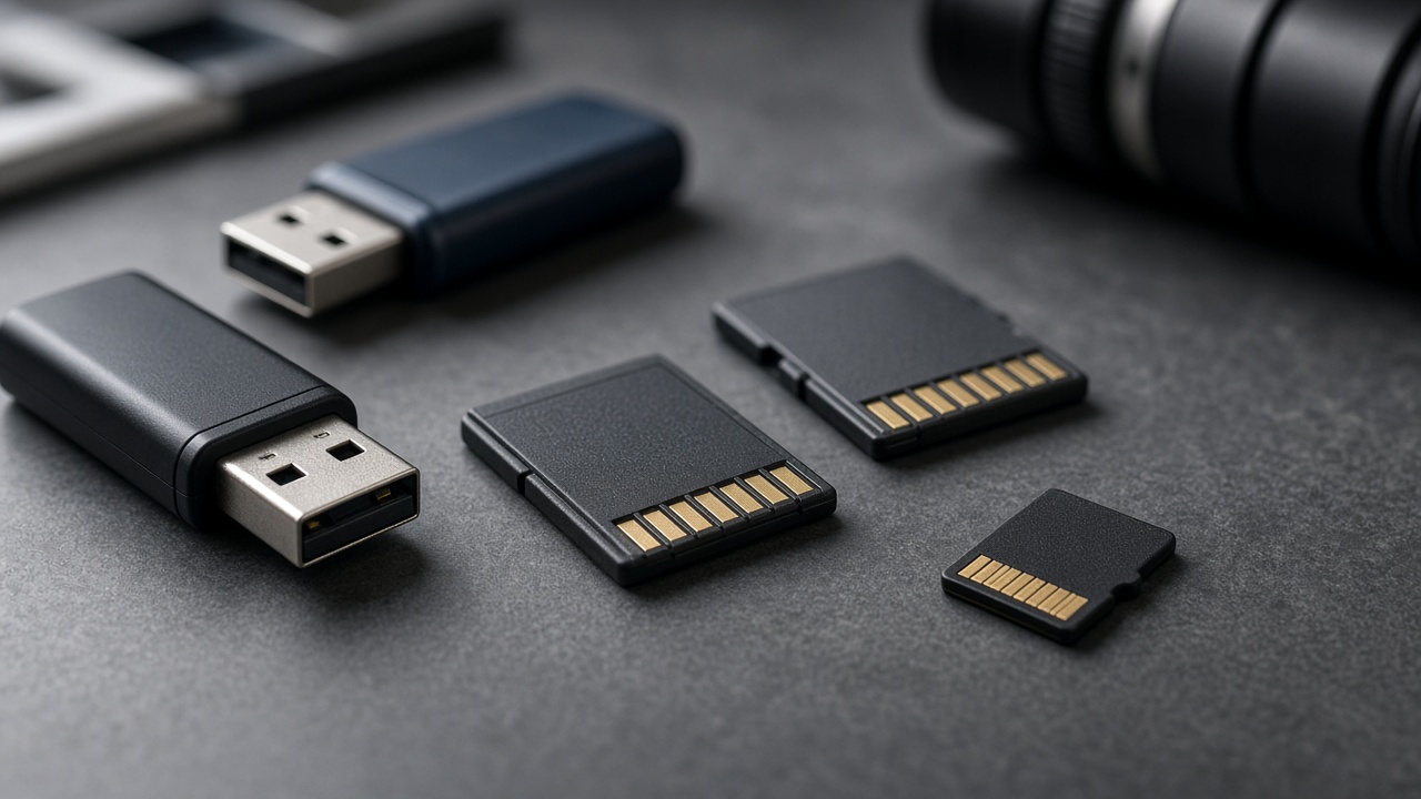 Clés USB, cartes SD et carte microSD disposées sur une table