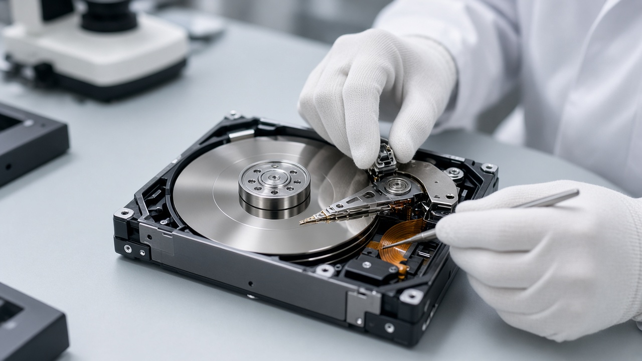 Mains gantées manipulant les composants d’un disque dur ouvert