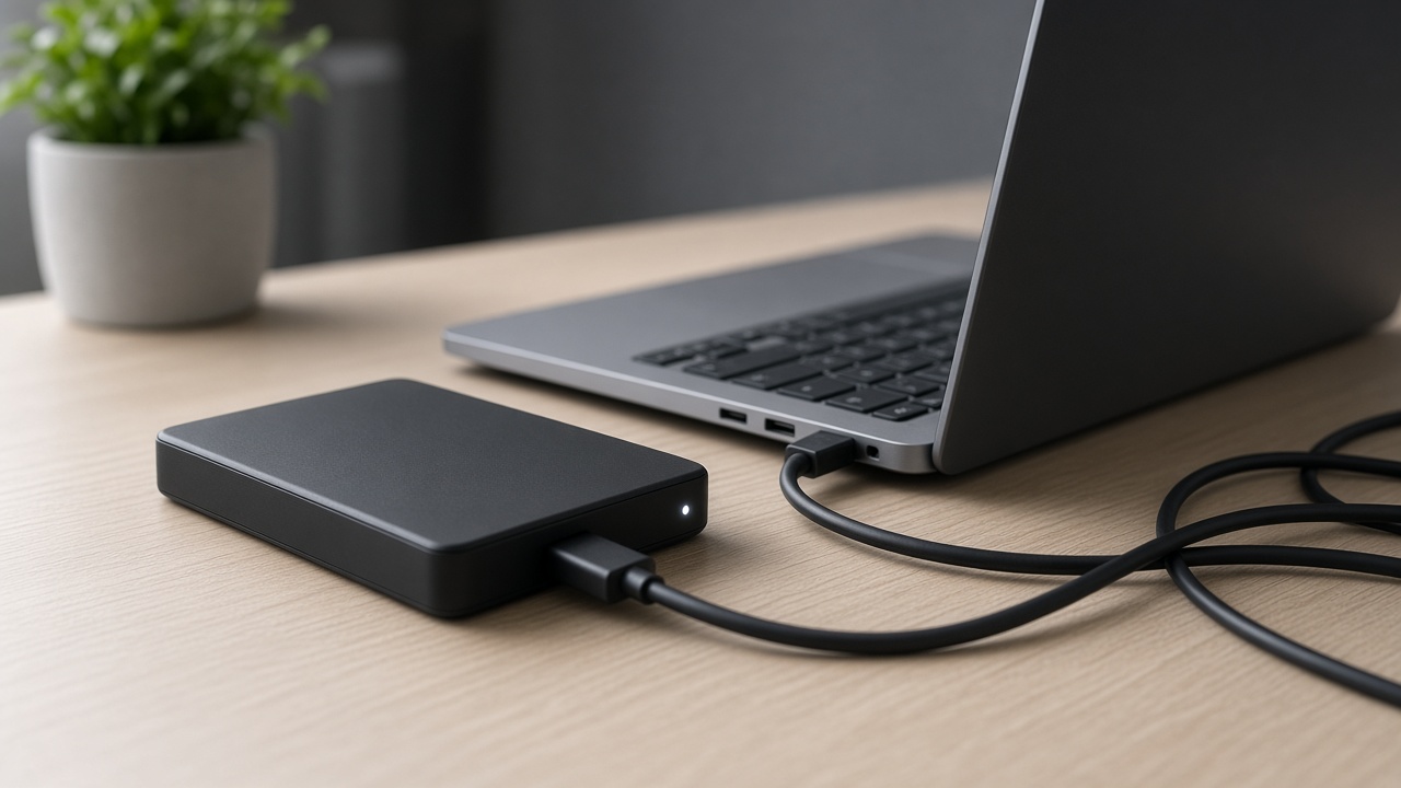 Ordinateur portable connecté par câble à un disque externe