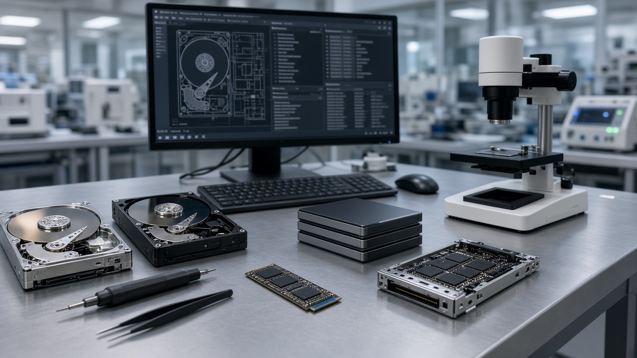 Disques durs ouverts, cartes électroniques, outils et microscope sur une table de travail