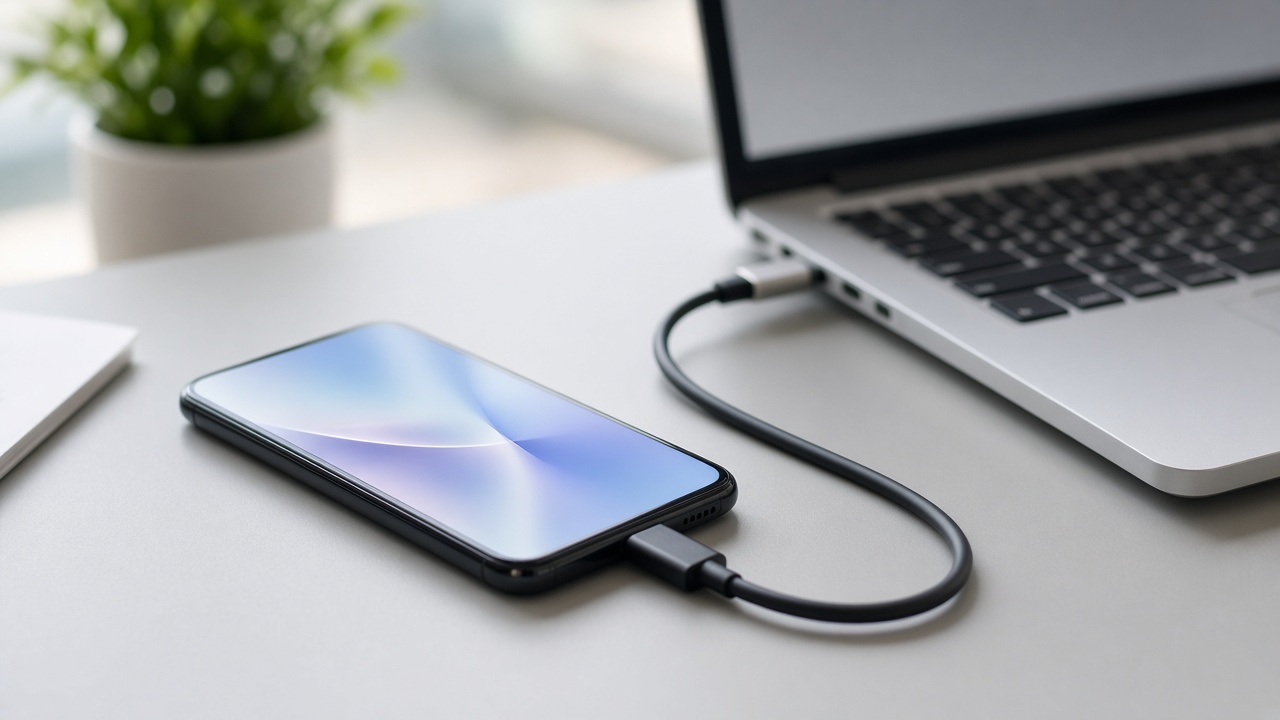 Smartphone connecté par câble à un ordinateur portable sur un bureau