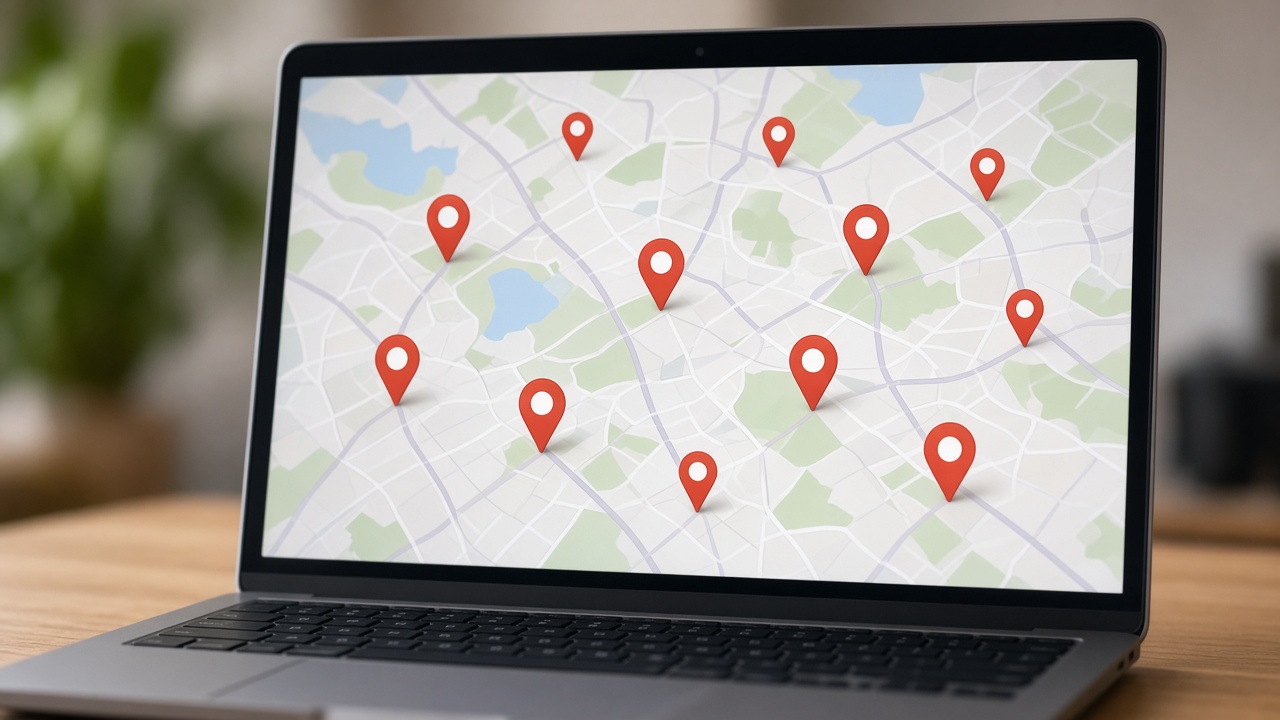 Carte affichant plusieurs repères de localisation sur un ordinateur portable