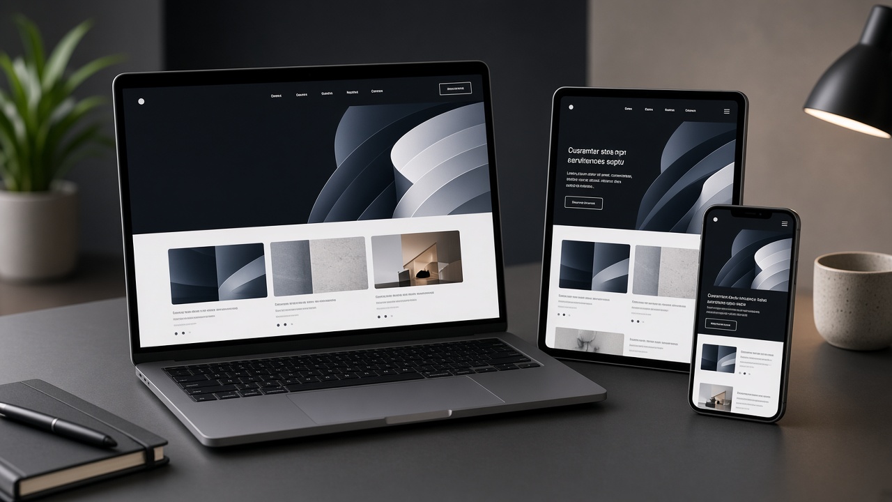 Site web présenté sur un ordinateur portable, une tablette et un smartphone