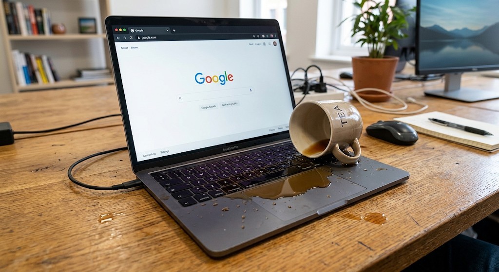 Tasse renversée et liquide sur le clavier d’un ordinateur portable