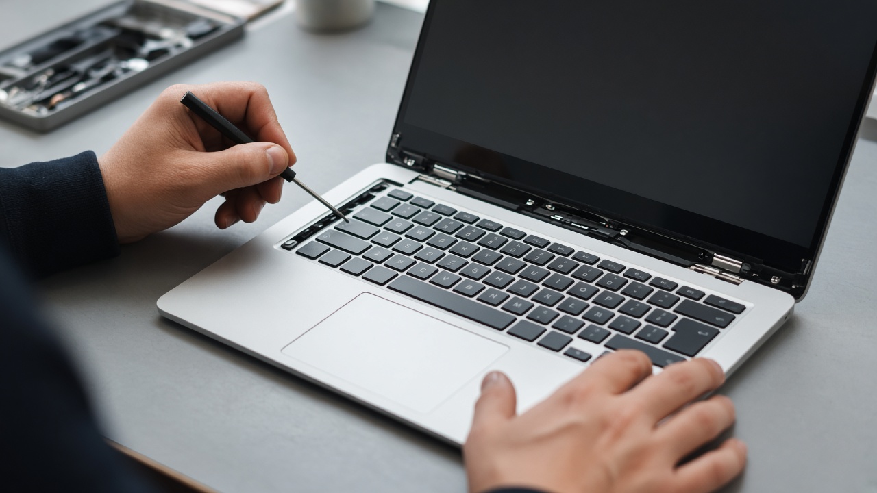 Mains utilisant un outil près du clavier d’un ordinateur portable