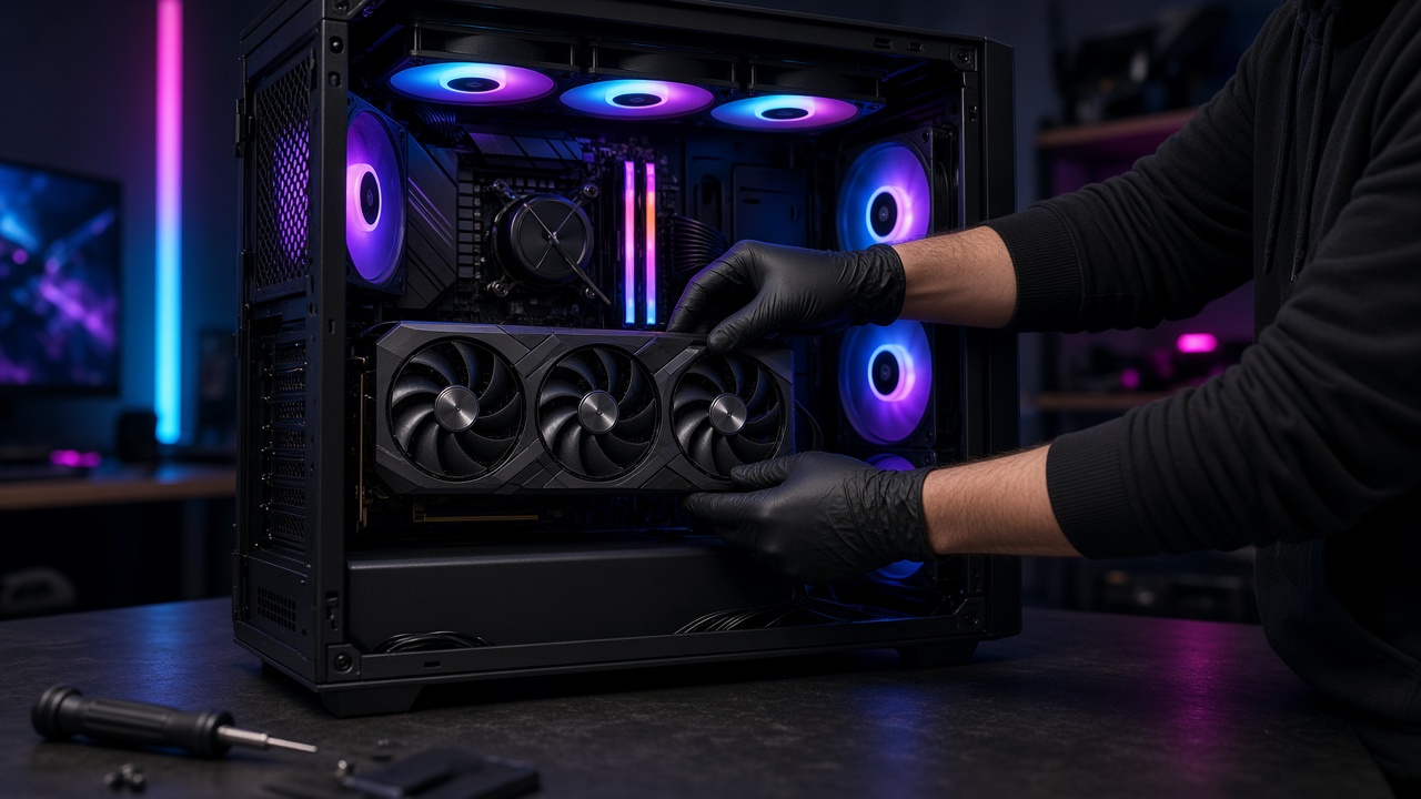 Mains gantées intervenant sur une carte graphique dans un PC avec des ventilateurs lumineux