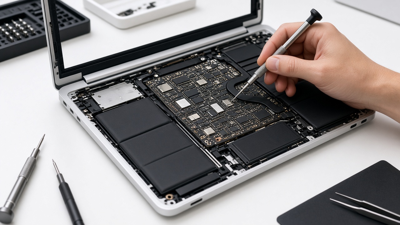 Main pointant un outil vers la carte mère d’un ordinateur portable démonté