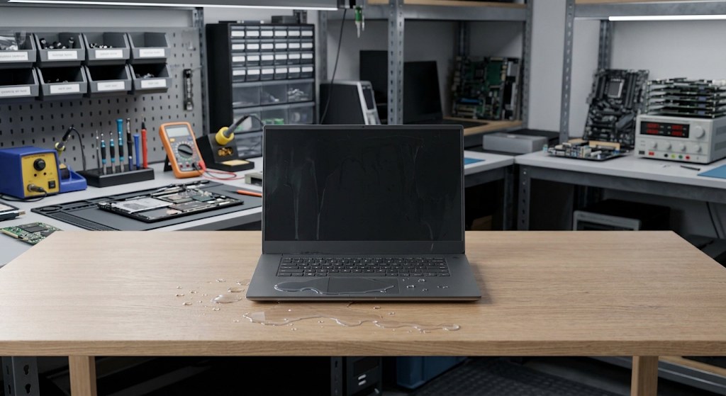 Ordinateur portable sur une table d’atelier avec des outils et du matériel de test en arrière-plan