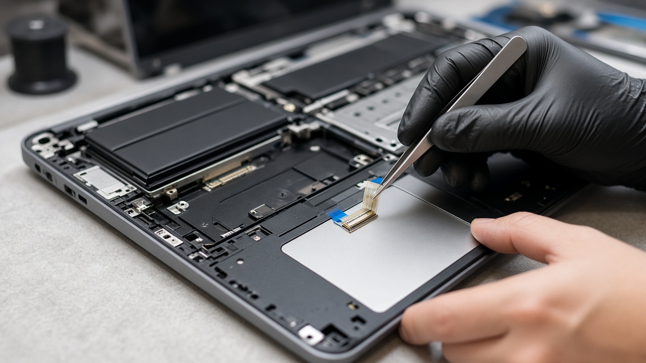 Mains nettoyant au pinceau les composants d’un ordinateur portable ouvert