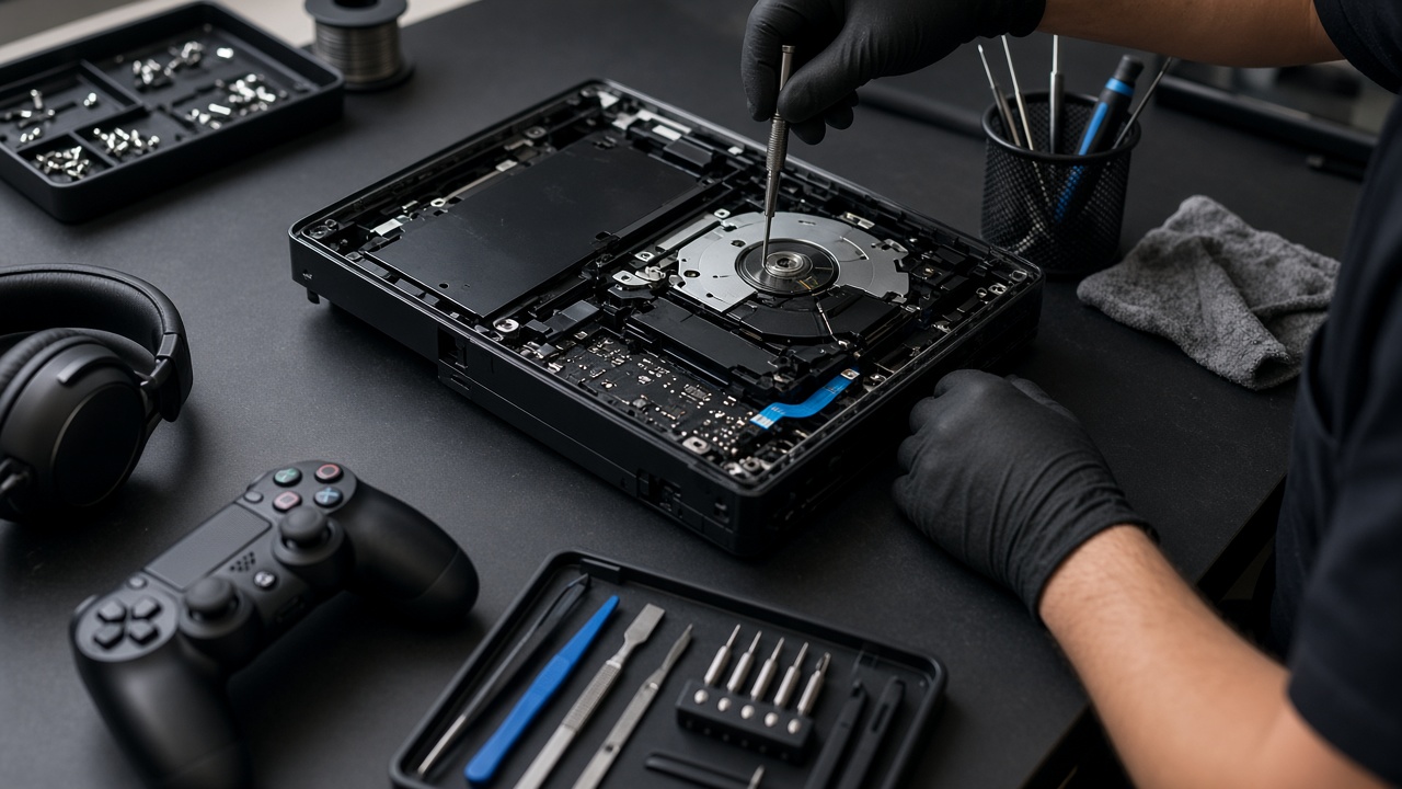 Console de jeu démontée à côté d’une manette et d’outils