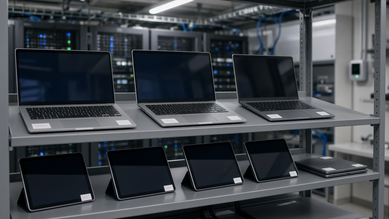 Ordinateurs portables et tablettes devant des baies de serveurs