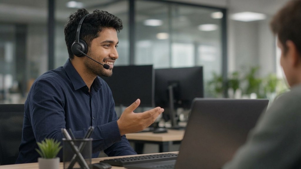 Personne portant un casque avec microphone devant un ordinateur portable