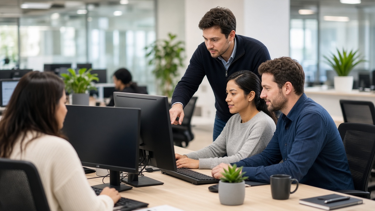Technicien et utilisateurs réunis autour de postes de travail dans un bureau