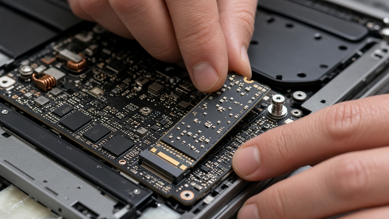 Mains plaçant un SSD sur la carte mère d’un ordinateur portable ouvert