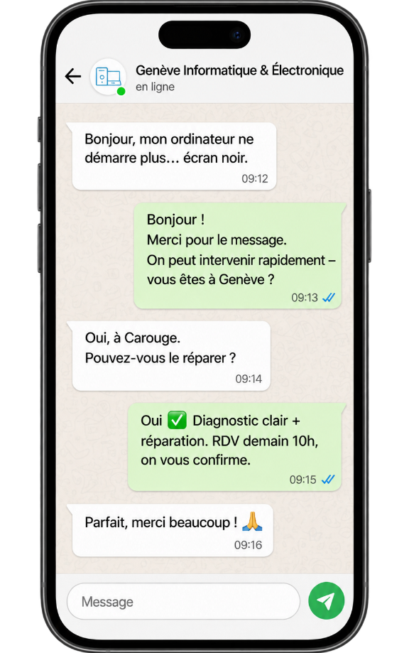 Conversation WhatsApp — Genève Informatique & Électronique
